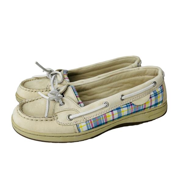 Easy Spirit Womens Ecru Plaid Nubuck Leather Boat Shoe 7.5M Slip-On Cushioned - Picture 1 of 10